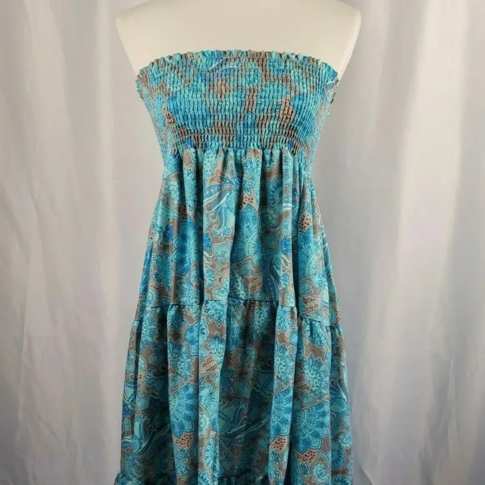 Exlura Strapless Maxi Dress Size Small Blue Tan Paisley Smocked Bodice NEW - Picture 1 of 6
